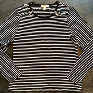 MICHAEL KORS Navy and White Striped Double-Zip Top, Size Large